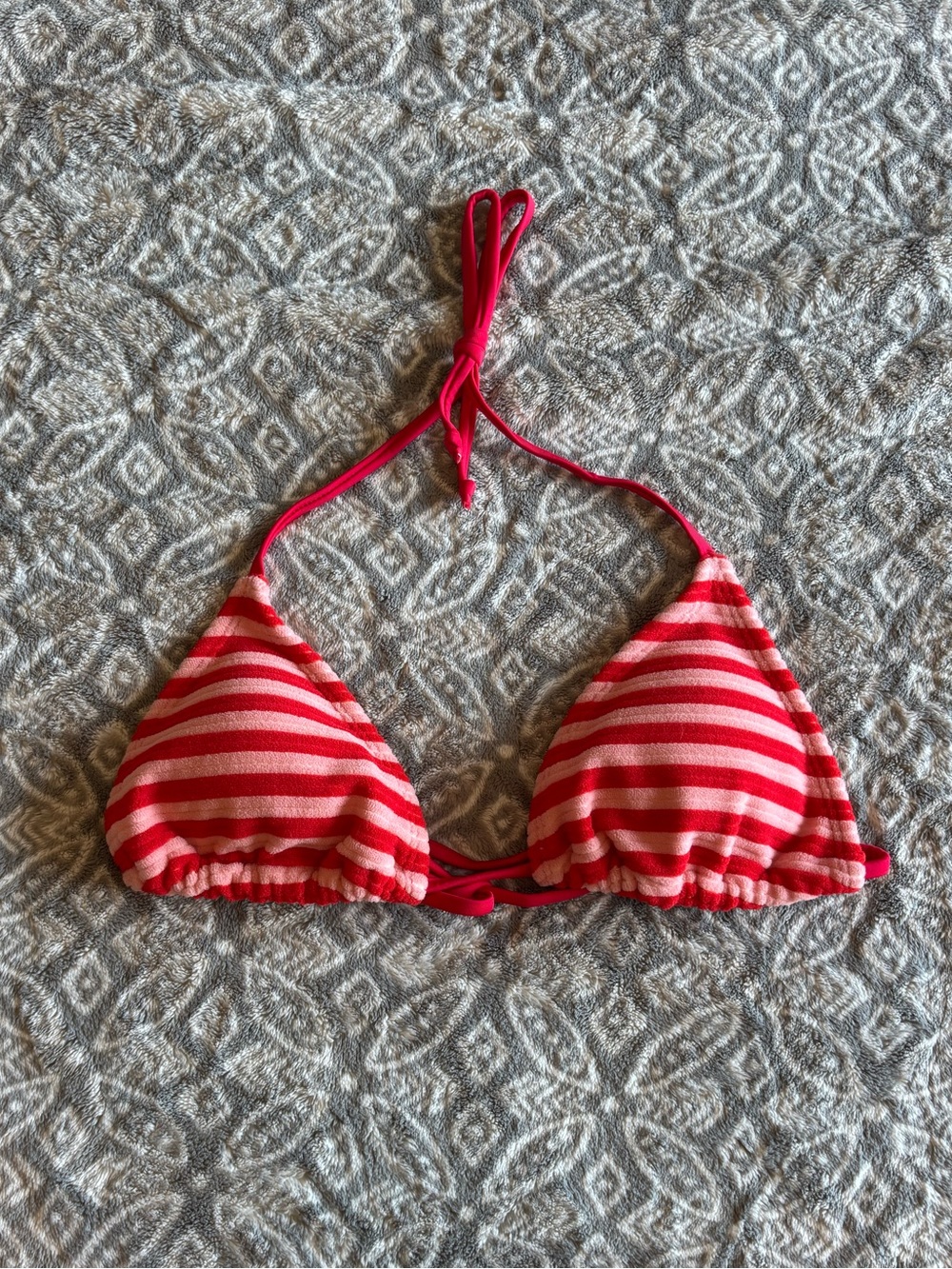 Red and Pink Peppermint Striped Triangle String Bikini Top Medium